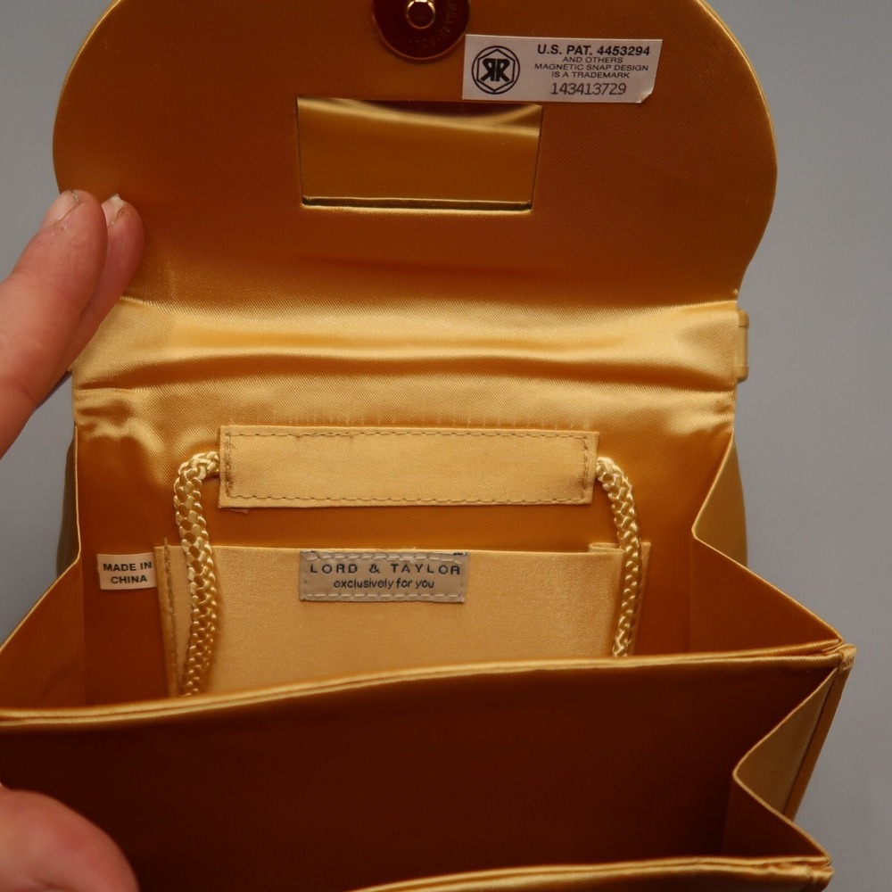 Vintage 80s LORD & TAYLOR Gold Satin Purse Handbag w Mirror & Crossbody Strap - Picture 5 of 8